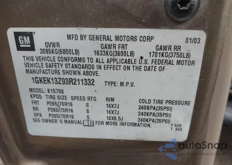 2003 GMC Yukon Slt z USA, uszkodzony, nr VIN 1GKEK13Z93R211332